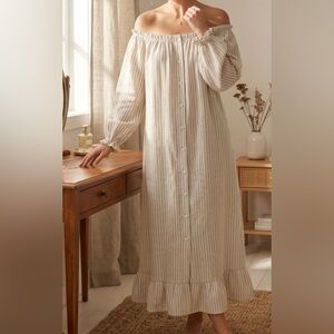 Sleeper 100% linen Cream off-white Striped Chic Off-Shoulder Dress Oversized